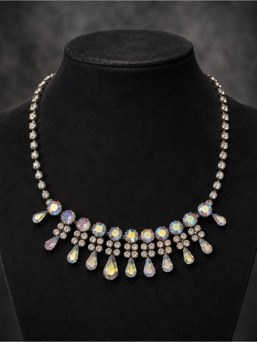 Vintage Aurora Borealis Rhinestone Fringe Bib Necklace Crystal Teardrop
